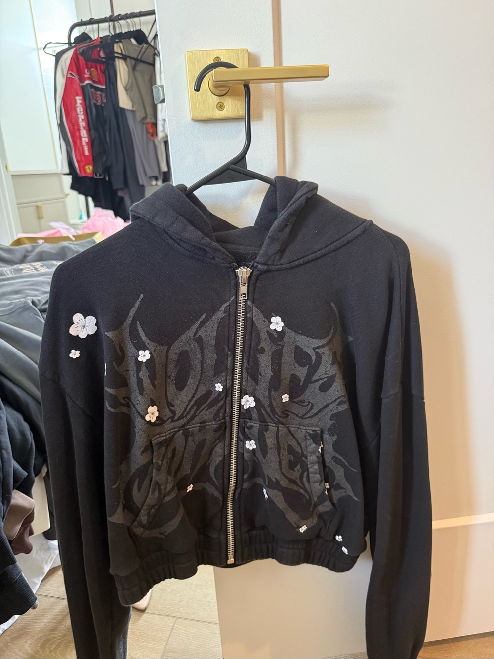 Darc Sport Black Floral Appliqué Bomber Hoodie